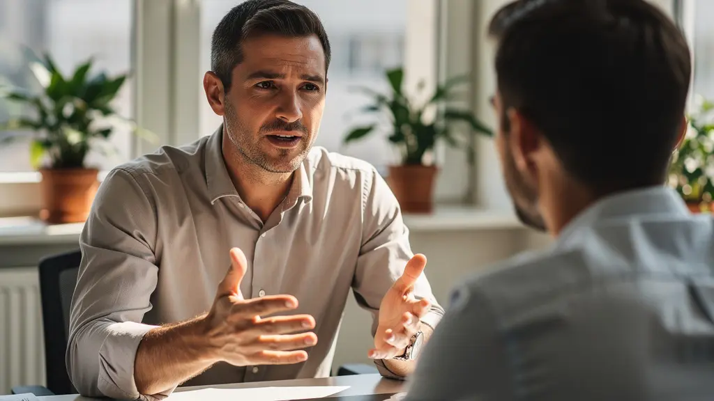 Conseiller financier expliquant une simulation crédit à un client dans un bureau moderne