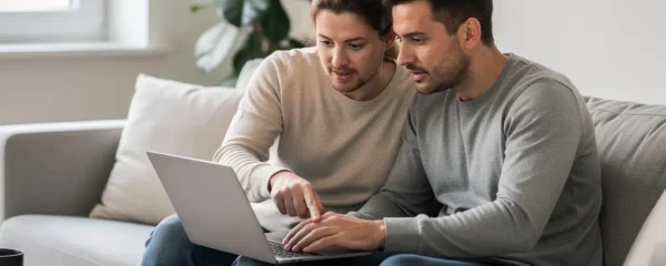 Couple français trentenaire consultant une simulation crédit immobilier sur ordinateur portable