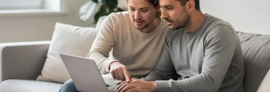 Couple français trentenaire consultant une simulation crédit immobilier sur ordinateur portable