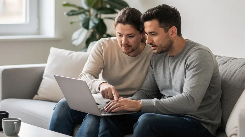 Couple français trentenaire consultant une simulation crédit immobilier sur ordinateur portable