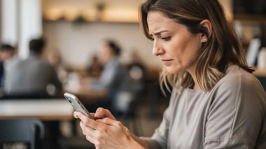 Femme trentenaire consultant une simulation immobilière sur smartphone avec expression perplexe