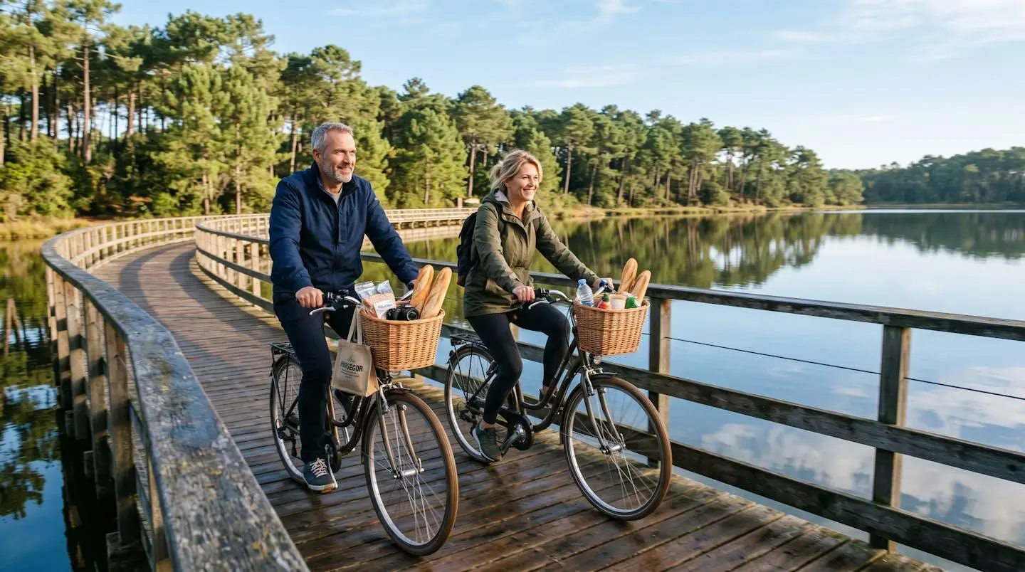Couple à vélo longeant le lac marin d'Hossegor sur une piste cyclable ombragée par les pins