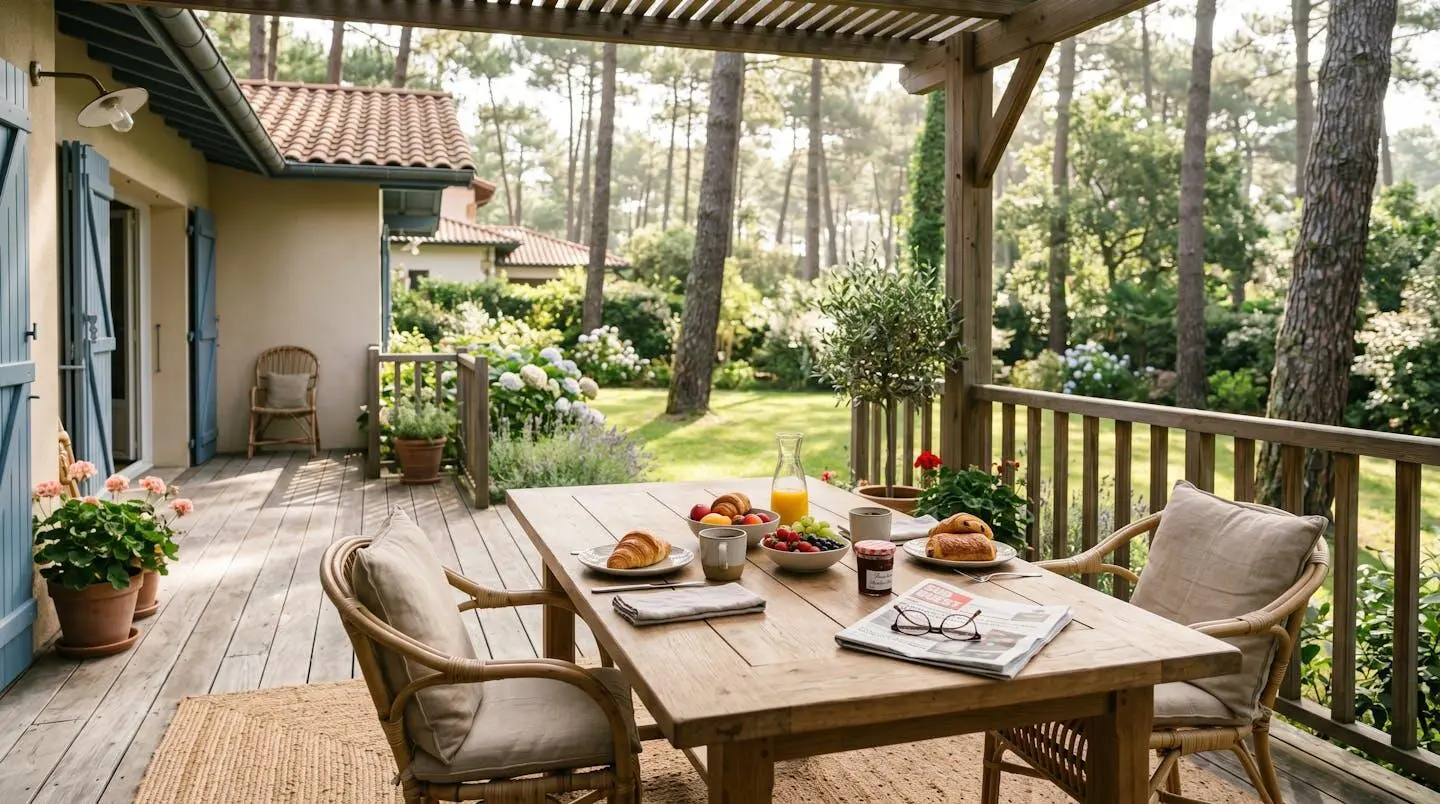 Terrasse en bois d'une villa à Hossegor avec table dressée pour le petit-déjeuner et vue sur le jardin arboré