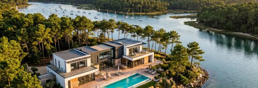 Villa contemporaine avec terrasse en bois donnant sur le lac marin d'Hossegor au coucher du soleil