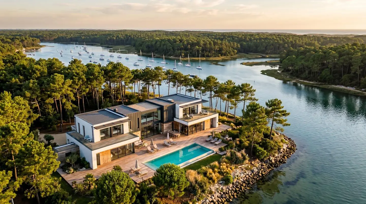 Villa contemporaine avec terrasse en bois donnant sur le lac marin d'Hossegor au coucher du soleil