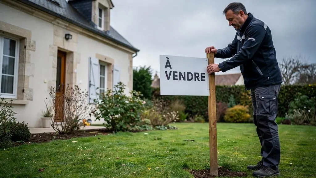 Agent immobilier installant un panneau « À vendre » devant une maison résidentielle française