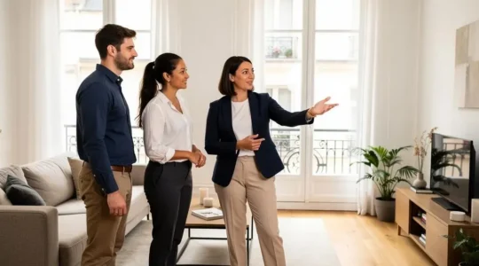 Agent immobilier conduisant une visite d'appartement avec un couple d'acheteurs potentiels dans un intérieur résidentiel lumineux