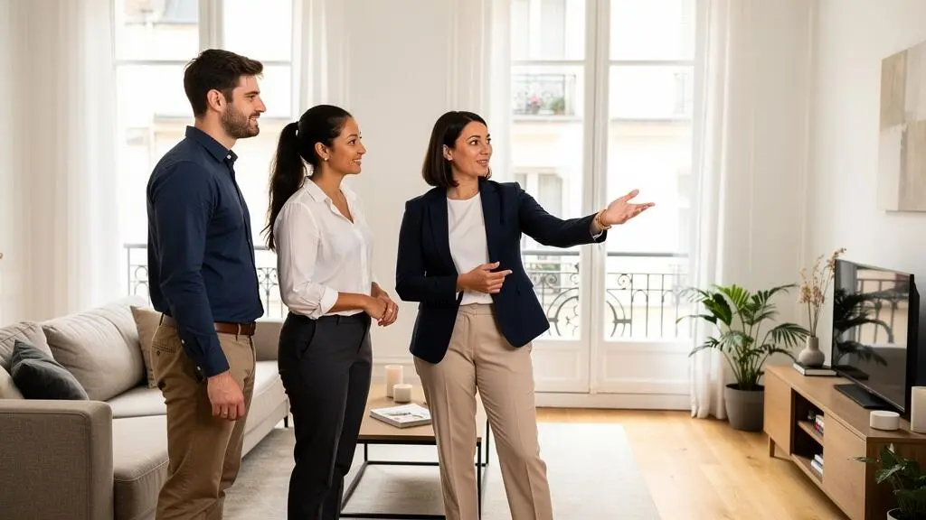 Agent immobilier conduisant une visite d'appartement avec un couple d'acheteurs potentiels dans un intérieur résidentiel lumineux
