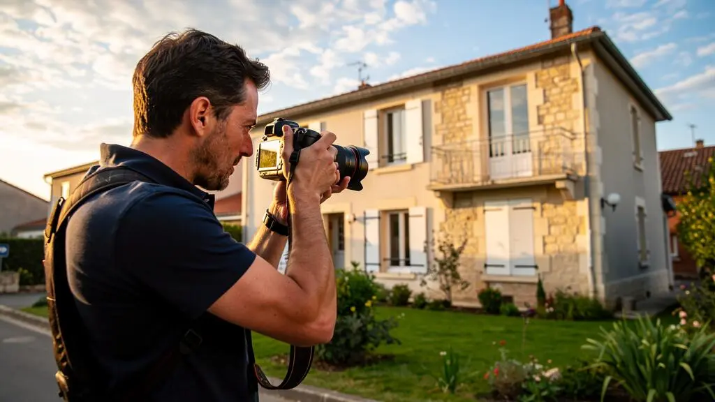 Photographe immobilier prenant des photos de la façade d'une maison résidentielle française pour la mise en vente