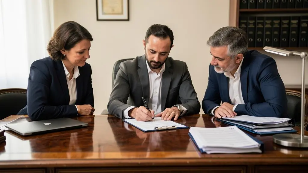 Signature de documents lors d'une transaction immobilière dans un bureau professionnel avec notaire et clients